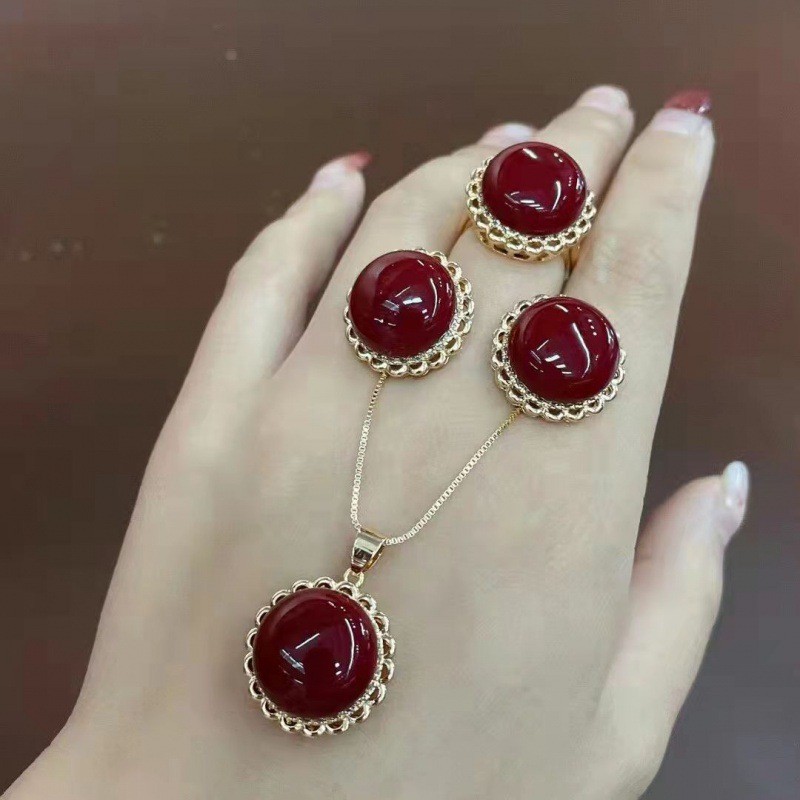 Ethnic Tibetan Style Red Agate Pendant Tibetan Accessories Earrings Necklace Ring Set