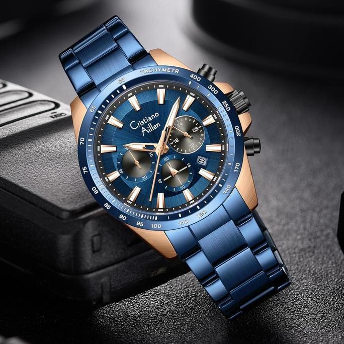 Buy 1 Get 1  Cristiano Aillen Jam Tangan Pria Analog 8891 Rantai Stainless Steel Chronograph Kaca Sa