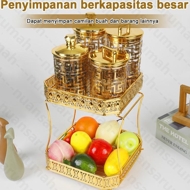 Nampan Buah Besi 2 Lapis Tiris Air Keranjang Buah Rak Penyimpanan Buah & Camilan Meja Tamu Gaya Nord
