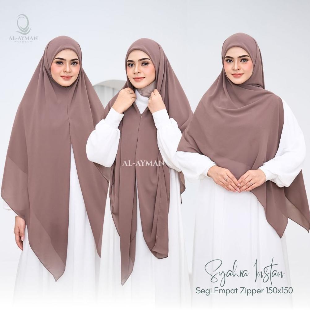 Segi Empat Instan Zipper Hijab Syari Resleting Premium Jumbo Ceruty Babydoll Syahra Instan 150x150cm