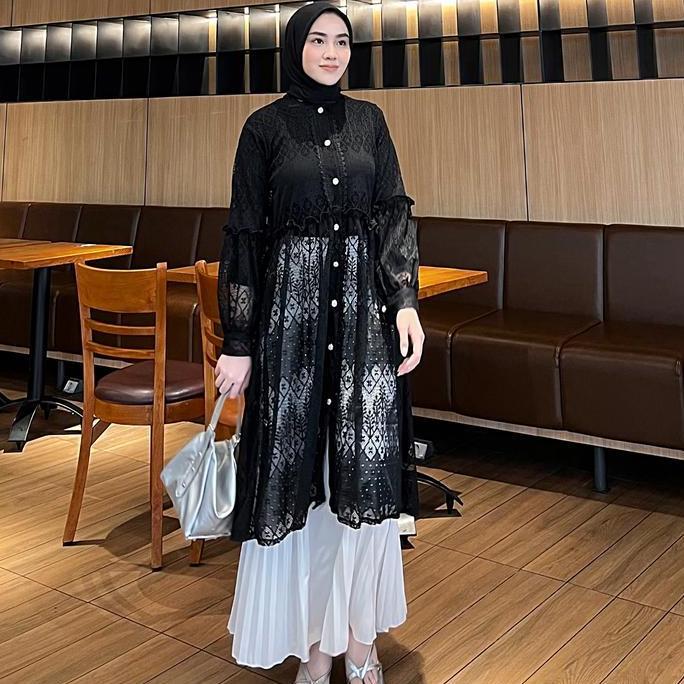 DF192 }} Black Outer Tunik Brukat Cardigan Brokat Lengan Panjang Outer Hitam atasan outher brukat Ou