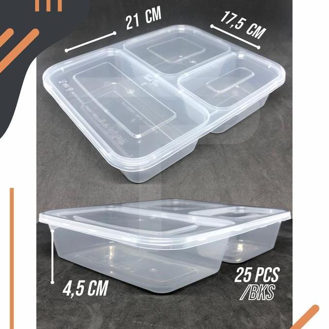 Tray Mika Thinwall Bento Sekat 3 PP Bening isi @25 set + Tutup