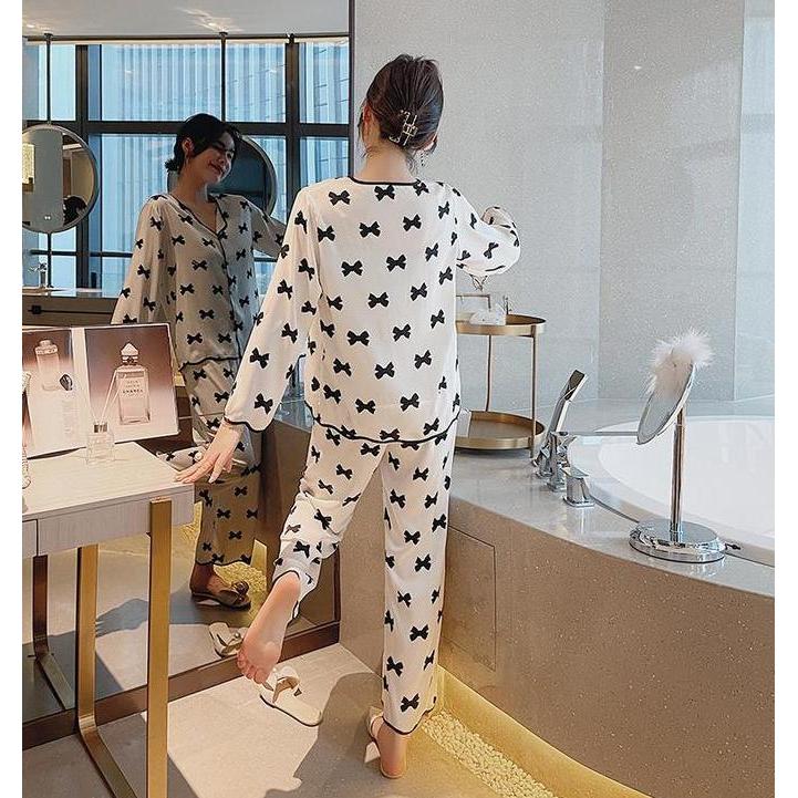 Piyama Satin Wanita Ribbon Korea Impor Baju Tidur Daily Santai Setelan