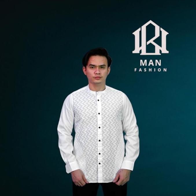 Baju Kemeja Barukat Pria Dewasa Lengan Panjang Kemko Muslim Kinaro Biru Fit Koko Bunga Putih Formal 