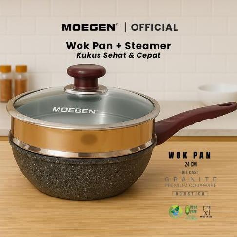 MOEGEN Wok Pan 24 cm Granite Plus Steamer / Kukusan Anti Lengket Serbaguna AS