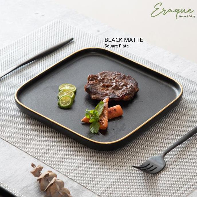 Black Matte Square Gold Plate / Piring Saji Makan Steak Hitam Keramik Matte Kotak SM