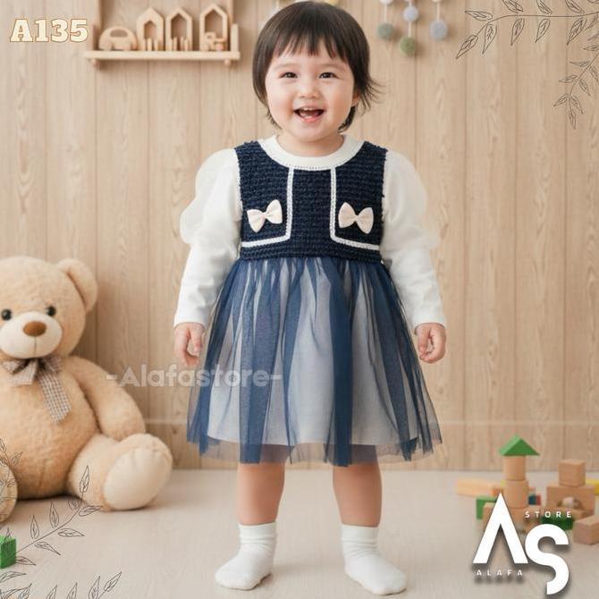 Promo Alafastore A135 Dress Anak Perempuan Pesta - Gaun Ulang Tahun NAVY MOCCA 1-4 Tahun Baju Bayi C