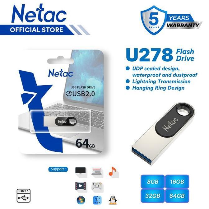 Netac Flashdisk U278 USB 2.0 Flash Drive 8GB/16GB/32GB/64GB Compatible with Windows XP/7/8 Mac OS 10