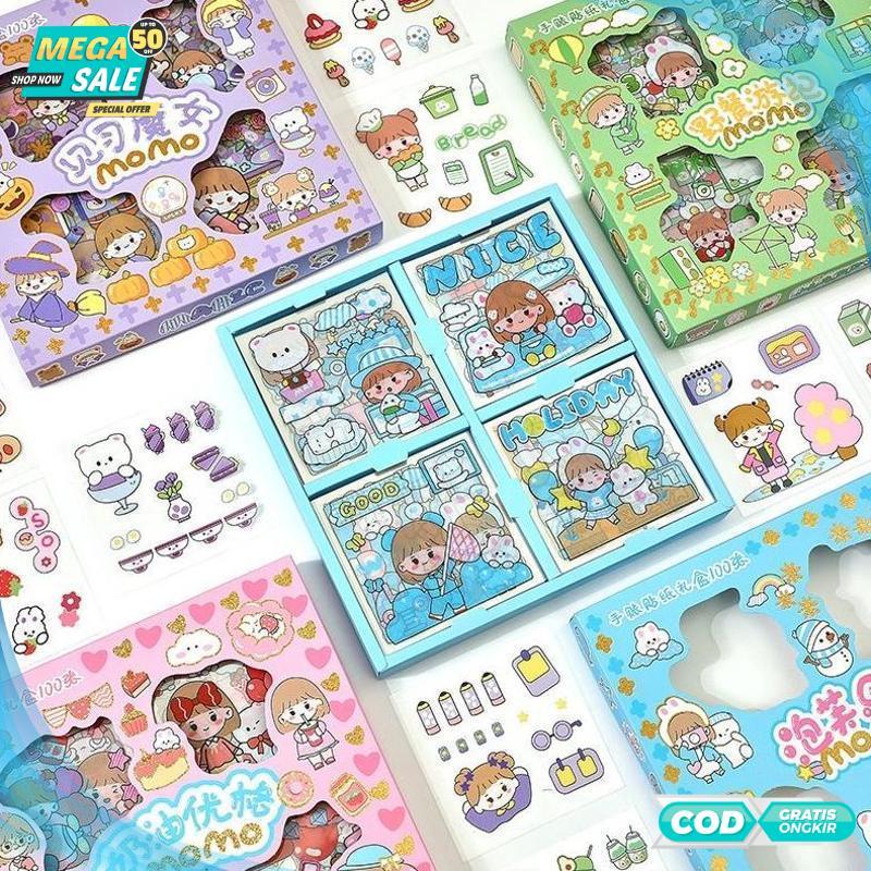 Cuci Gudang // Sticker MOMO Kartun Aesthetic Waterproof 1 Box isi 100 pcs/ Sticker kartun Motif Lucu