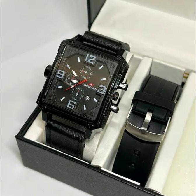 DF285>> Pakat Jam+Tali Karet+box Jam Tangan Pria Swiss Army Segi Taggal Aktif