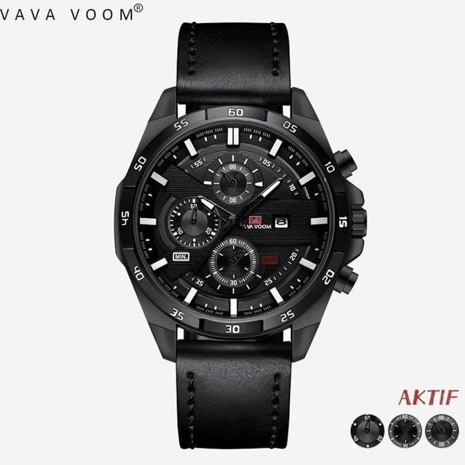 DI10 >> VAVA VOOM Jam Tangan Chrono Aktif pria elegan strap kulit analog anti air bergaransi 100% Or