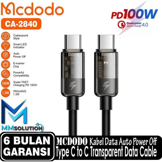 MCDODO CA-2840 Kabel PD Transparent Auto Power Off Type C to Type C