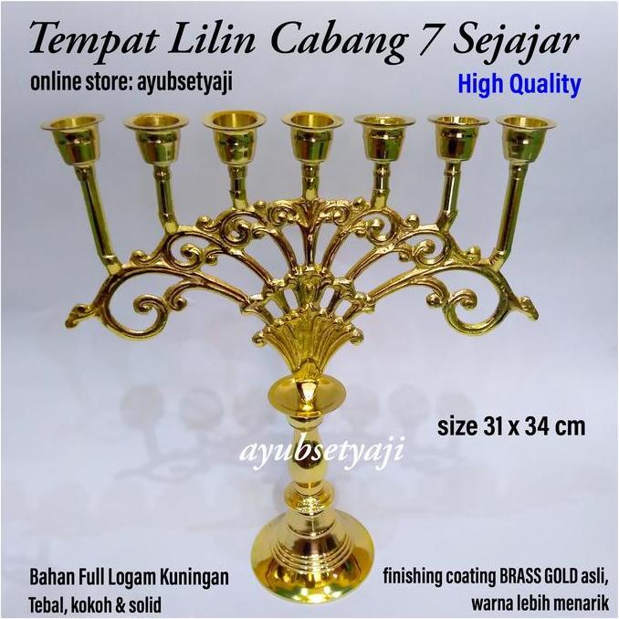 Tempat Lilin Cabang 7 sejajar FULL Kuningan solid Kaki Dian BRASS Gold TEB