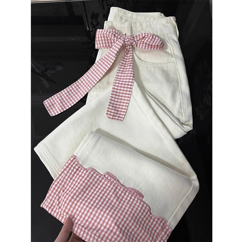 [PickMe Shop] Celana jeans kotak-kotak merah bowknot pinggang tinggi untuk wanita