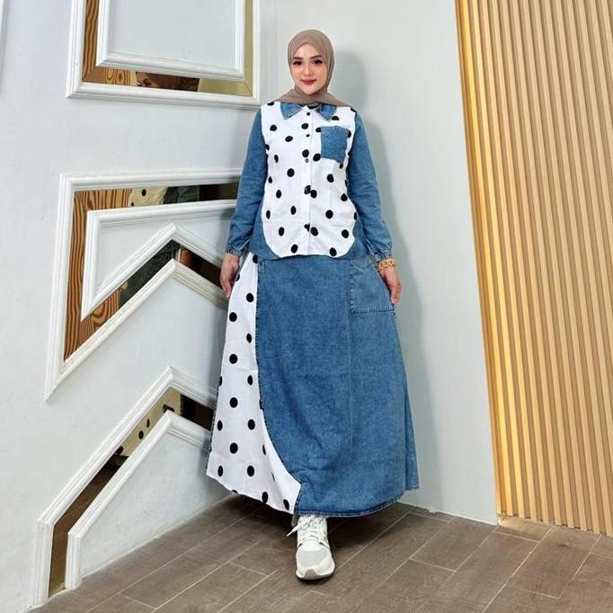 Promo Zefanya One Set Jeans Polkadot Fashion Muslim Wanita Kekinian COD