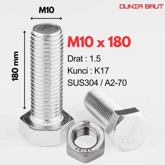 Promo [Pesanan Pak Nur Afian] Baut Hex Stainless M10X180 - Baut Hexagon 10X180 / M10 X 180 / 10 X 18