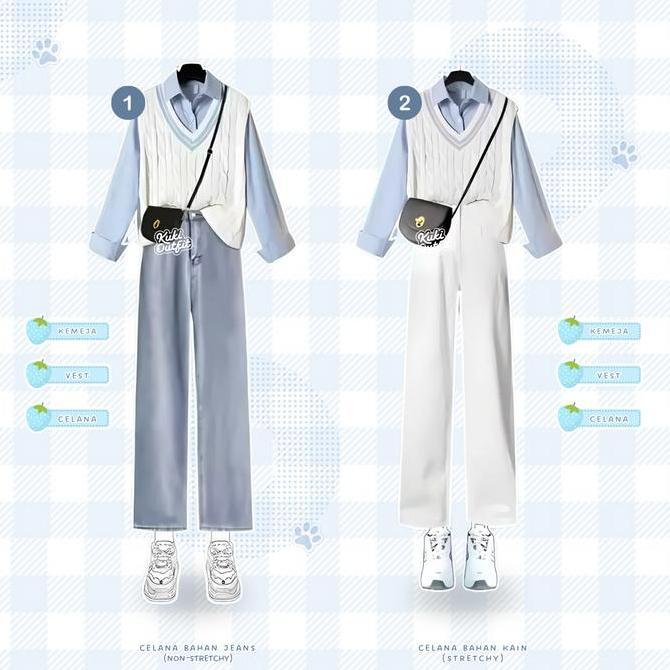 Promo Sean Baju One Set Wanita (Kemeja, Vest Rajut BKK, Celana Jeans) Korean Style Rompi Setelan - K