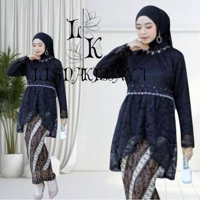 Promo Set Kebaya Modern Tunik Payet Dinda Model lengan panjang Bawahan Rok Batik Dress Kerah Motif M