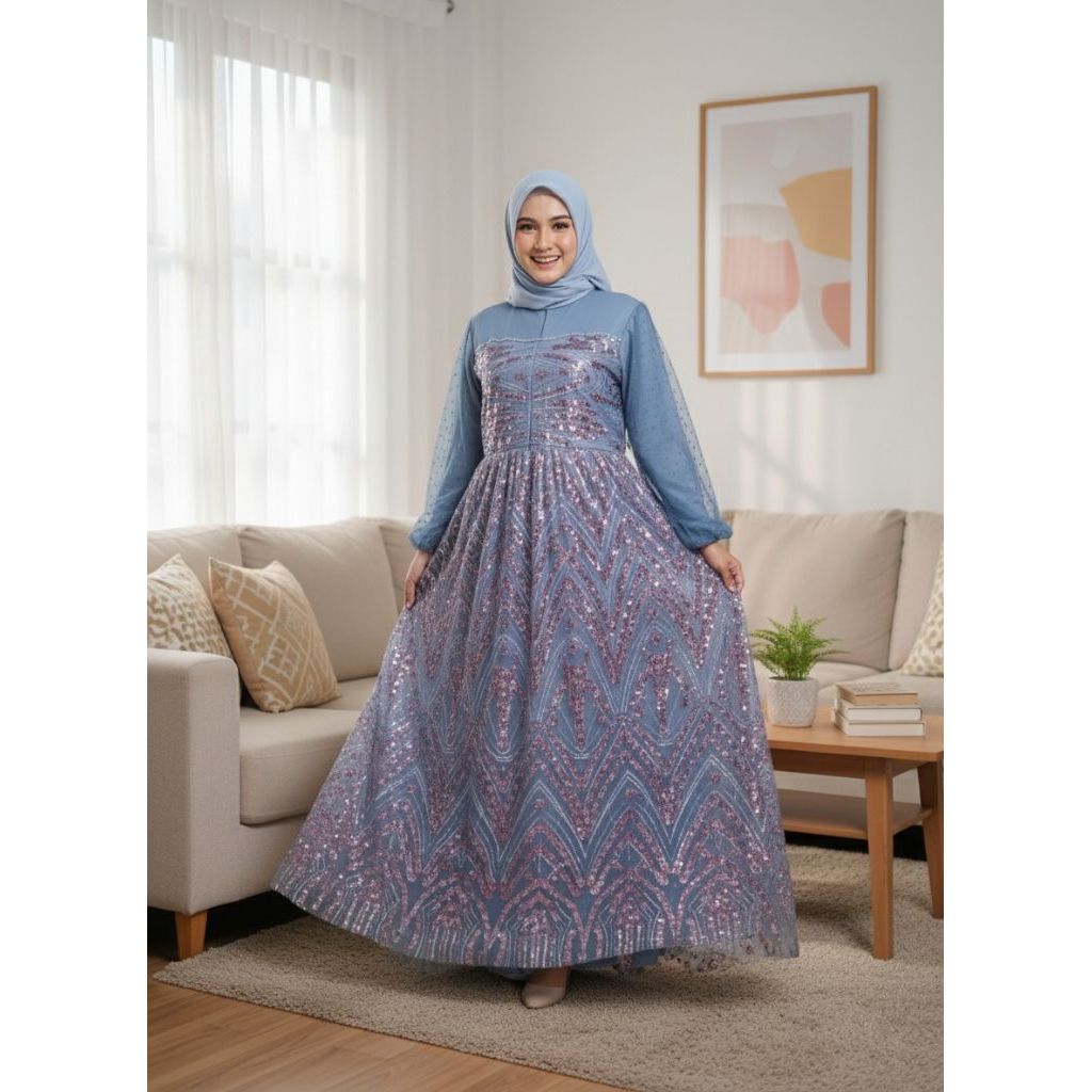 Ramadhan Collection | Asiyah Gamis Brukat Mewah Berpayet Tile Seribu Lengan Balon Warna Denim