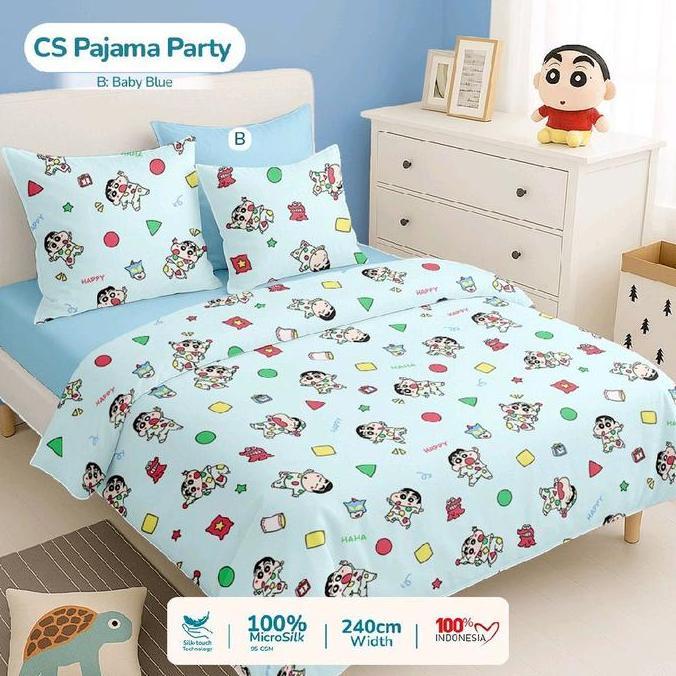 Sprei lucu crayon sinchan pajama party biru bantal guling free double karet anti geser ukuran terlen