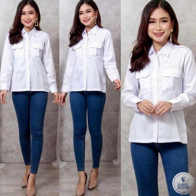 Kemeja Baju PDL Lapangan Tactical Jumbo Putih Wanita Lengan Panjang Fit Kerja