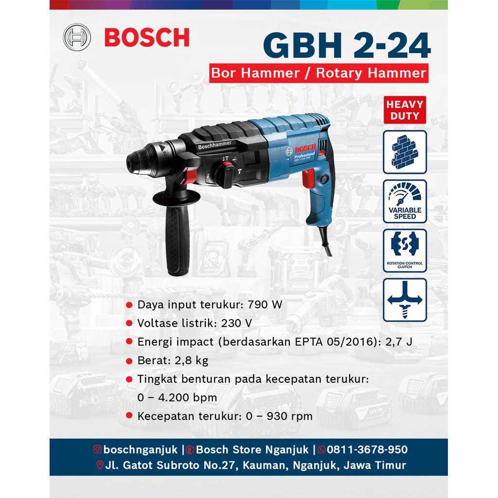 Bosch Bor Hammer GBH 2-24 DRE Professional 790W – Bor Beton, Pahat, dan Besi Original Bosch