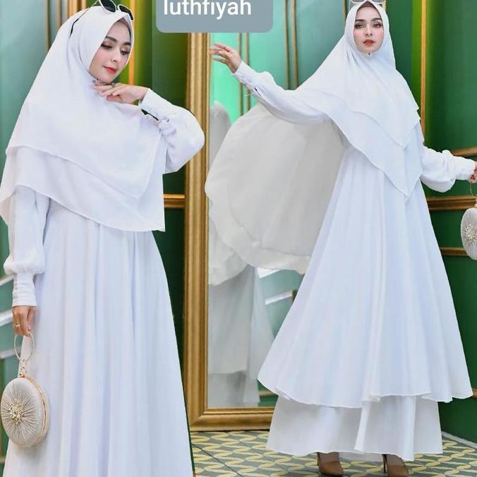Terbaru Setelan Gamis Syar'I Putih Wanita Ceruty Babydoll Polos Hitam Putih Cantik Muslim Jilbab Man