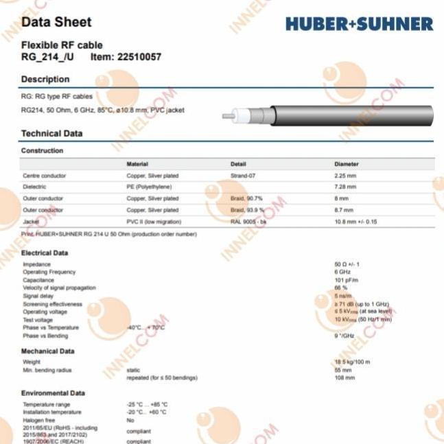 Huber Suhner Rg214 Coaxial Flexible Rf Cable / Coaxial Rg214 Rg 214 Huber Suhner Original