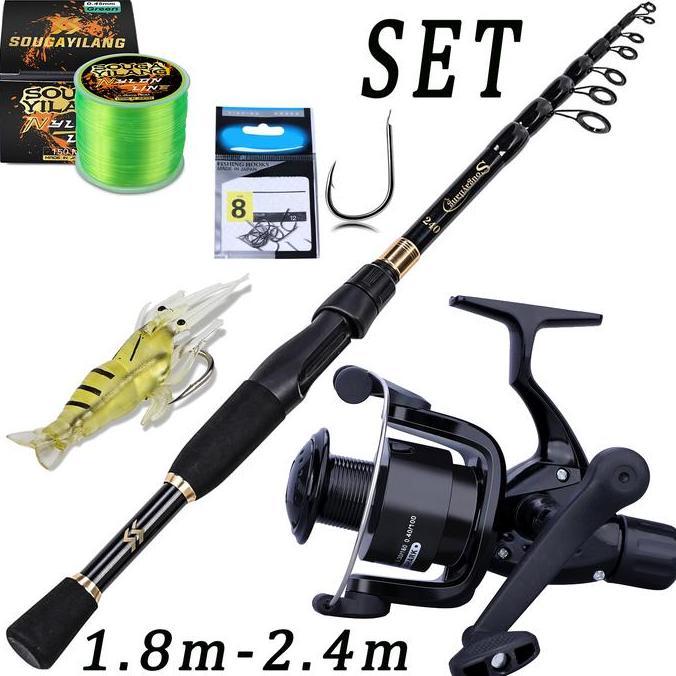 Sougayilang Joran Pancing Set 1.8-2.4M Fiber Karbon Joran Teleskopik Spinning Fishing And 5.1:1 Reel