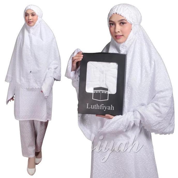 STELAN CELANA SET BERGO SARUNG TANGAN / TUNIK CELANA UMROH PUTIH KATUN JEPANG BERMOTIF TIMBUL Polos 