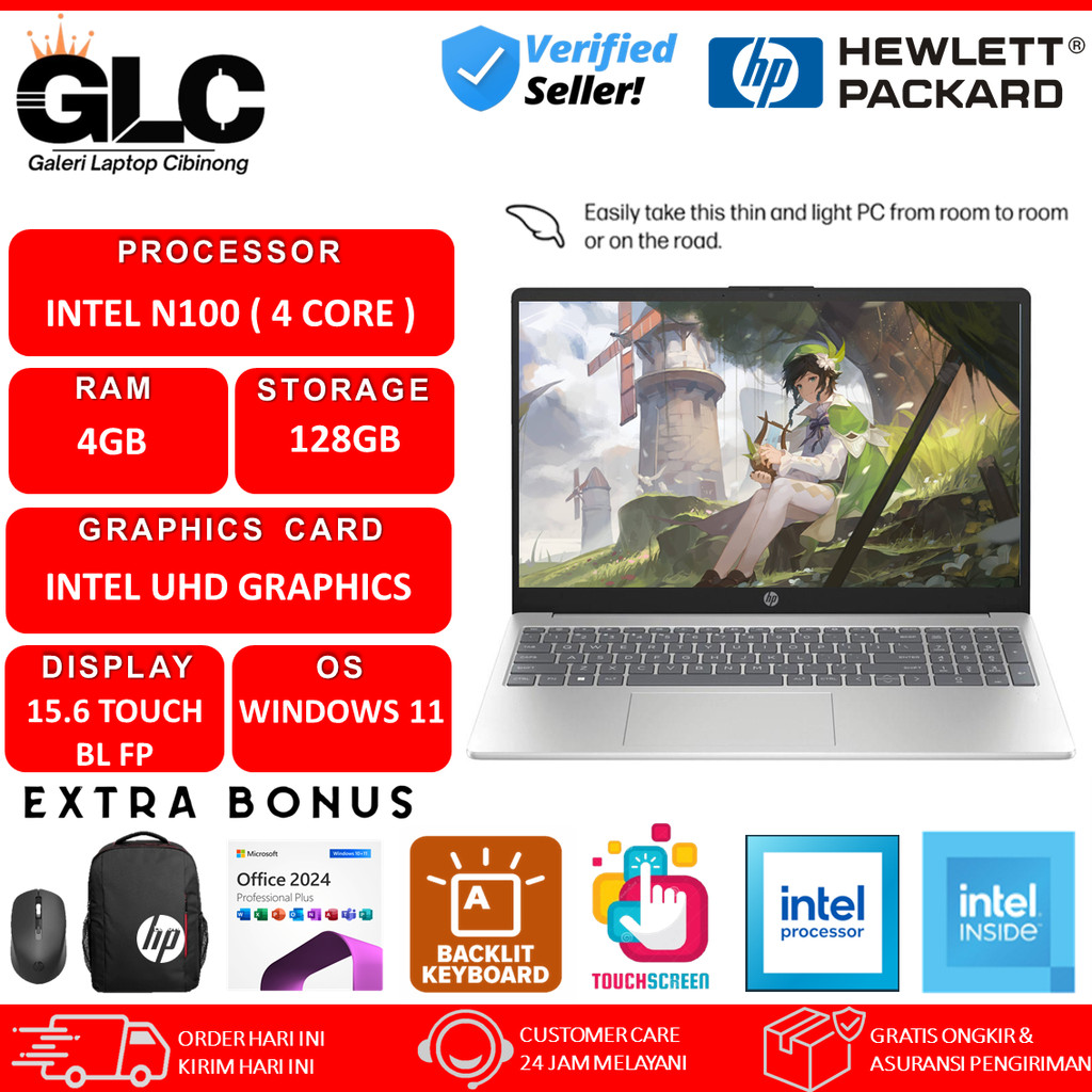 Laptop Baru HP 15 Intel N100 Touchscreen 4GB 128GB Windows11 Moonlight Blue
