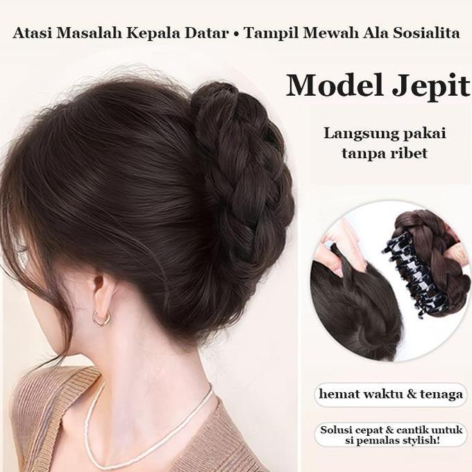 VELASHIC  (karya asli) Jepit Rambut Palsu Bun Kepang Volume 3X Serat Suhu Tinggi Cepol Bunga Elegan 