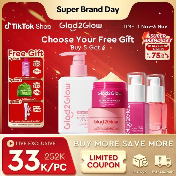 Free GiftGlad2Glow 5In1 Glass Skin Set -Brightening Moisturizer+Milk Cleanser+Brightening Serum+Peel