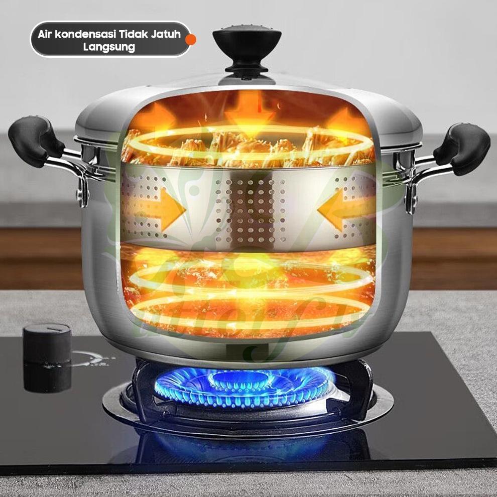 Omicko Panci Kukusan Tutup Kaca Ukuran Besar Panci Kukus 2 Susun Panci Kukus Stainless Steel Dandang