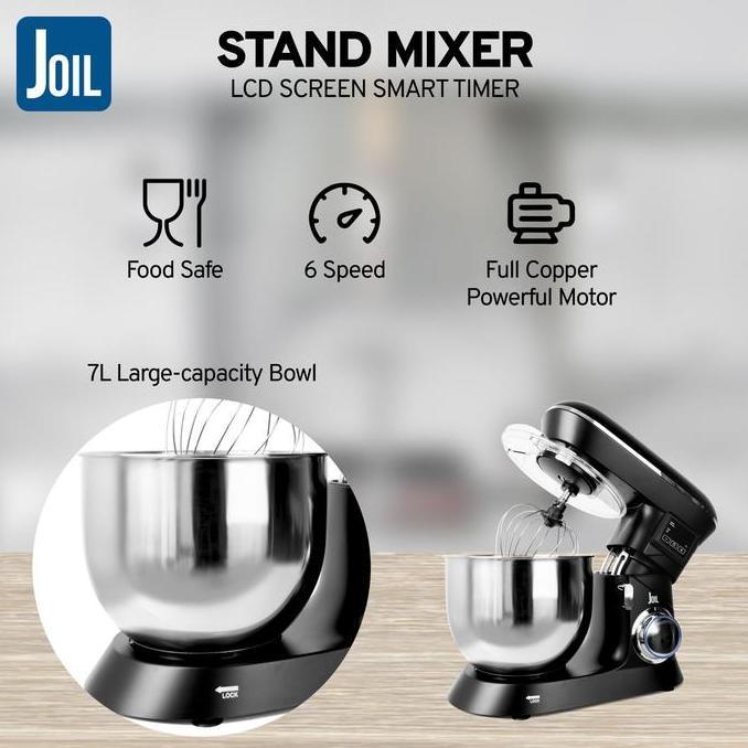 Joil Stand Mixer 7 Liter dengan Timer Off 6 Speed Mangkuk Stainless Steel Lengkap dengan 3 Alat Peng