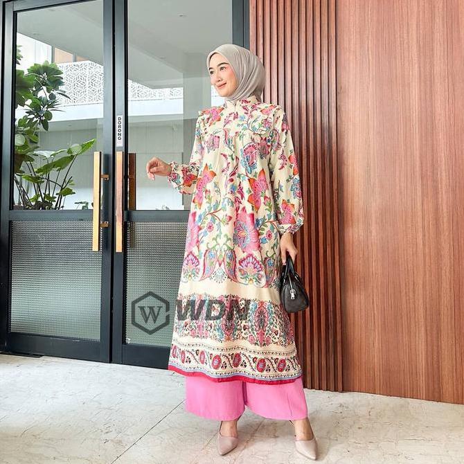 Setelan Midi Katun Delvina Mix Pants / Oneset Setelan Tunik Wanita Rayon Premium Motif Bunga Busui C