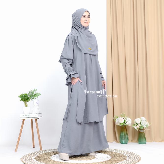 One Set Abaya Khadijah Rok+ Long Tunik+ Pasmina Crinkle Setelan Malay Umroh Haji L /Xl / 2Xl