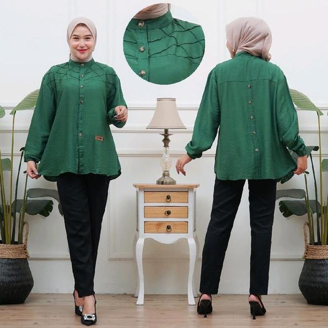 Vina Blouse Kemeja Wanita Dewasa Polos Polo Linen Kekinian Baju Atasan Panjang Wanita Remaja Fashion