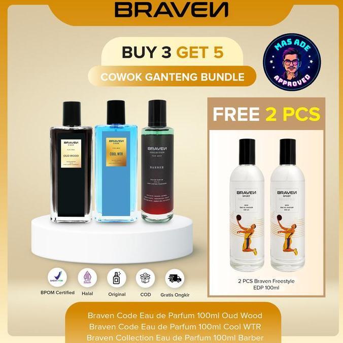 CoganPaket Parfum Cowok Ganteng | Braven Eau De Parfum 100Ml - Beli 3 Dapat 5 - Cool Wtr - Barber - 