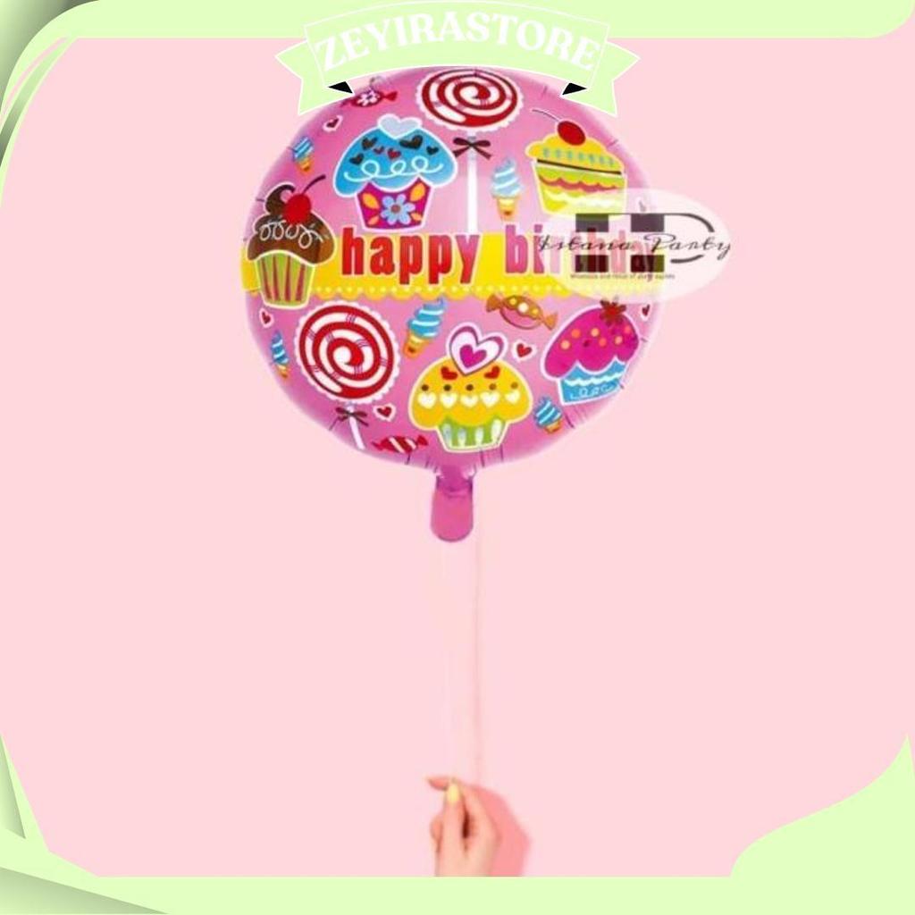 Balon Foil Bulat Cupcake / Balon Foil Happy Birthday Motif Cupcake Ip Ori