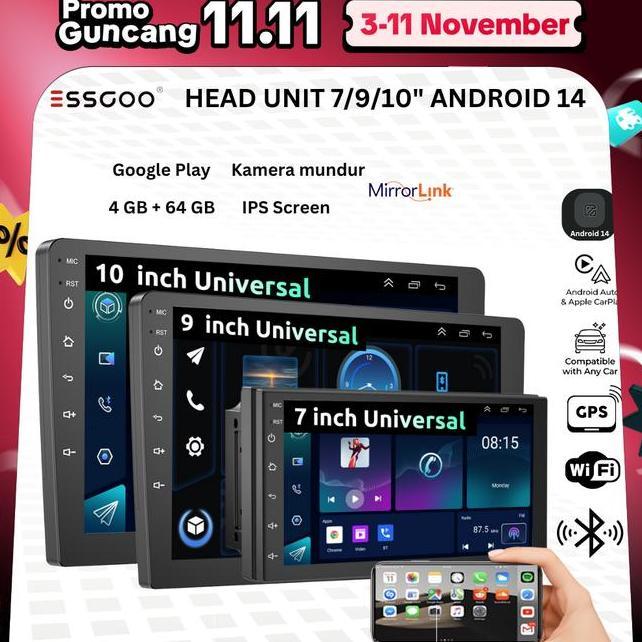 Essgoo Head Unit Android 14 Mobil 4G64G 7910 Inch 2 Din Kontrol Suhu Ces Ips Layer Mobil Navasi Wifi