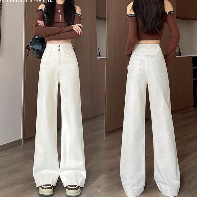 Jeans.Cewekcelana Putih Cutbray Jeans Panjang Wanita Celana Pinggang Tinggi Celana Kulot Jeans Putih