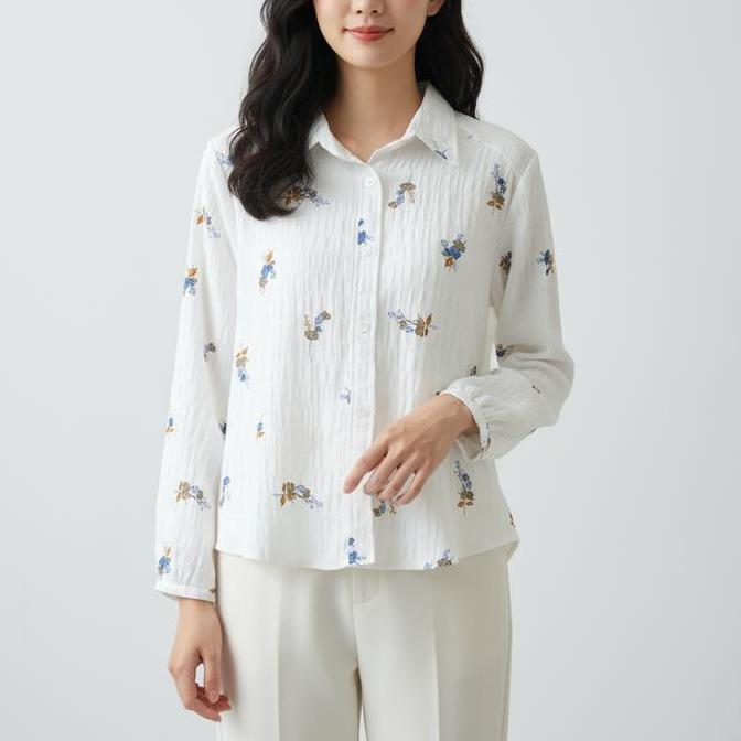 Atasan Fashion Korea Style Lengan Panjang Blus Wanita Musim Panas Casual Blouse Motif Bunga Bahan im