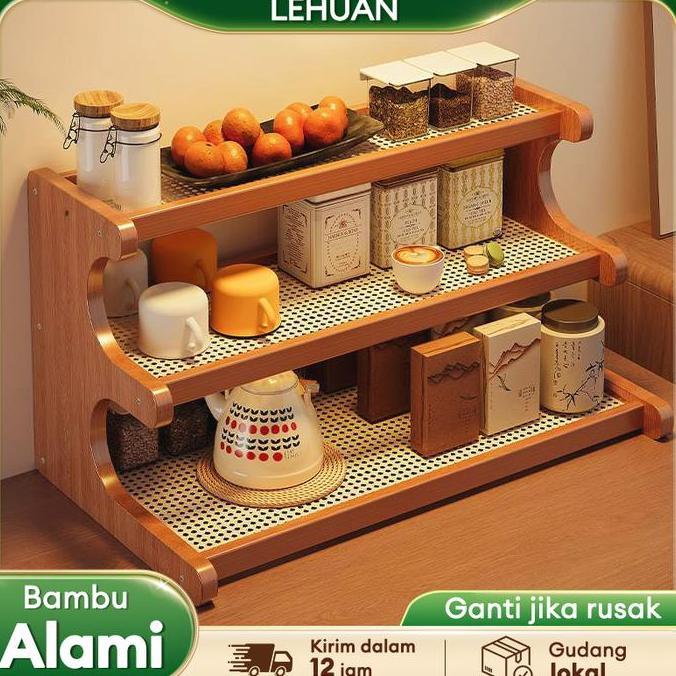NEW - LH-Rak Kecil Meja Anyaman Rotan Rak Kayu Aesthetic Rak Susun Minimalis Rak Bumbu Dapur Rak Ser