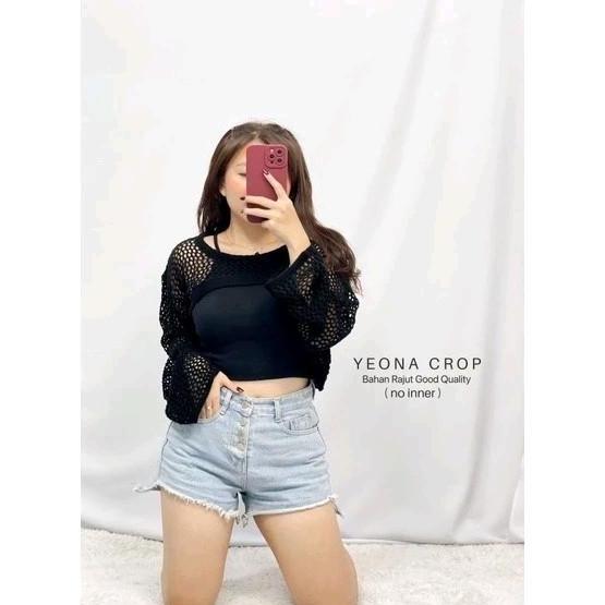 DB152 - crop rajut outer jaring lengan panjang Santai Fit Knitwear Atasan Wanita