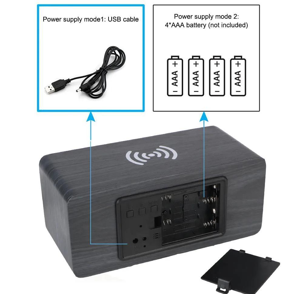 Wooden Desk Digital Clock Phone Chargers LED Display Temperature Wooden Digital Alarm Clock Wireless