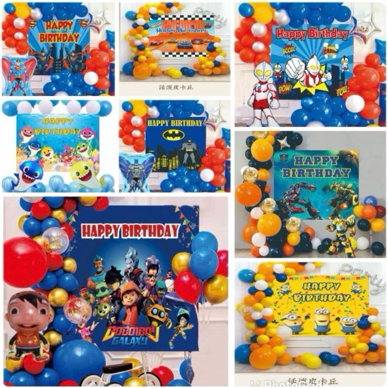 Paket backdrop balon ready stock karakter roblox/pororo/hothweels/pokemon/boboiboy/avengers/shark/tr