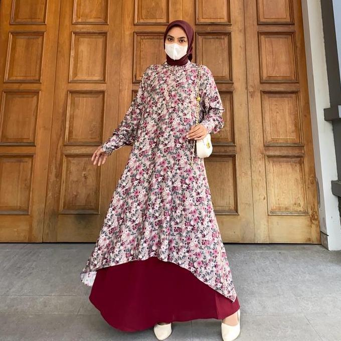 Abel Jumbo Setelan Long Tunik dan Rok Mayung - Motif Rayon Premium dan Polos Crincle - By Kirania