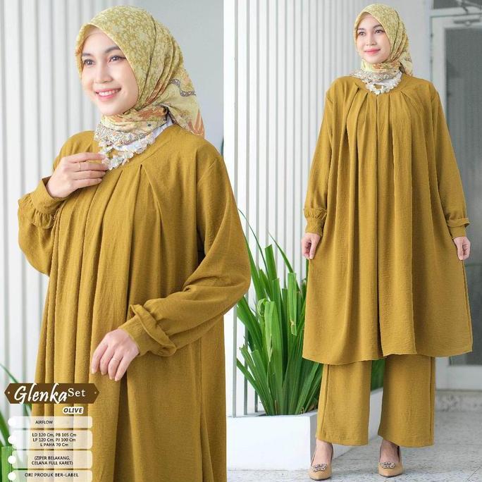 Glenka Setelan Wanita Muslim Airflow Motif Polos One Set Baju Celana Hijab Style
