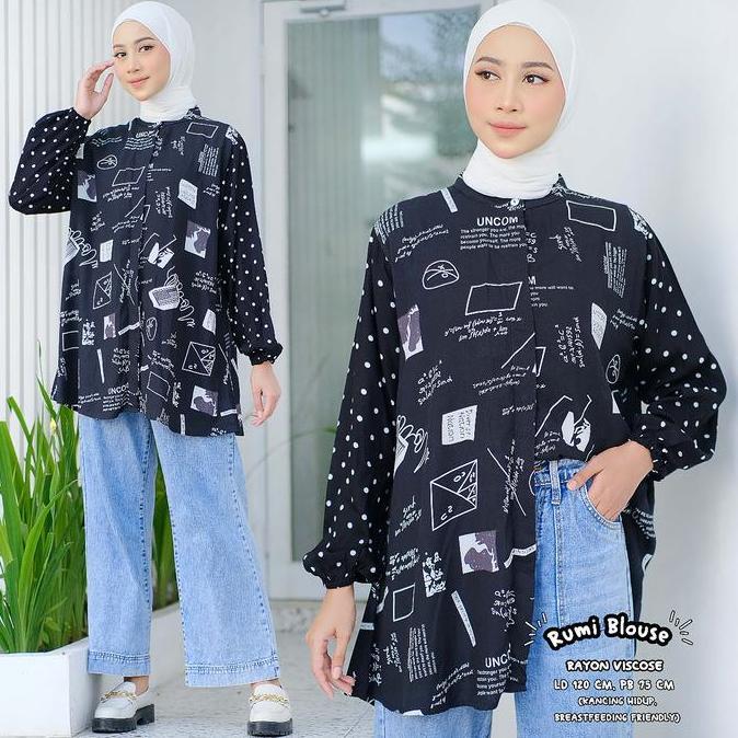 Rumi Blouse Wanita Muslim Rayon Viscose Motif Unik Kombinasi Polkadot Fashion Muslim Baju Atasan Bas